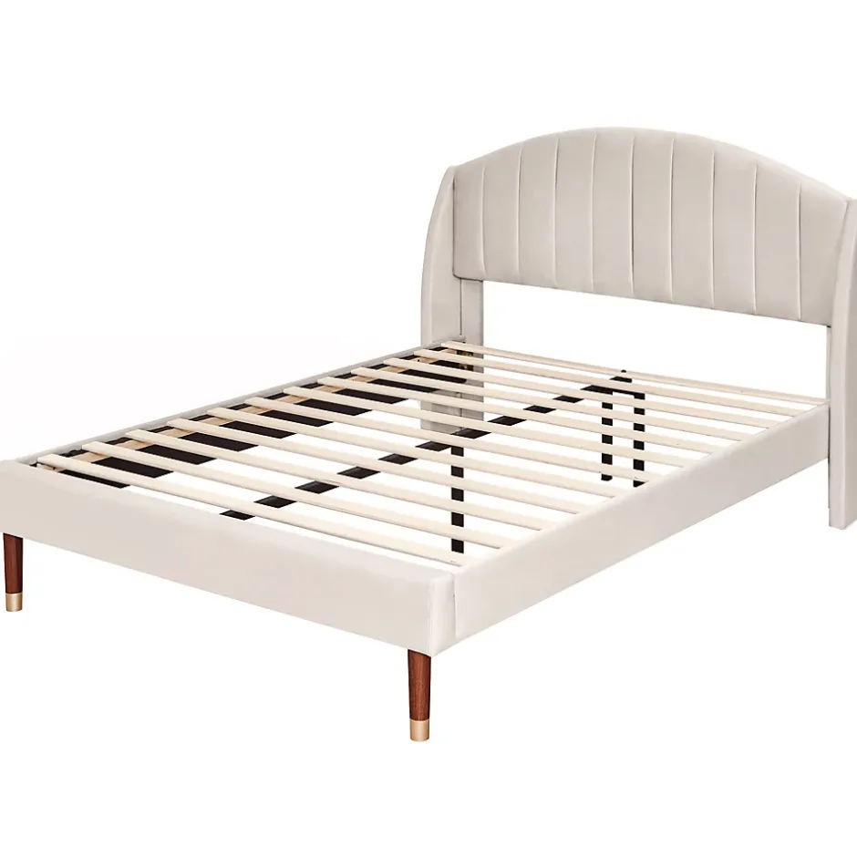 Redom Lit 140x200 cm tapissé velours beige avec tête de lit rembourrée et sommier à lattes en bois, style intemporel Clearance