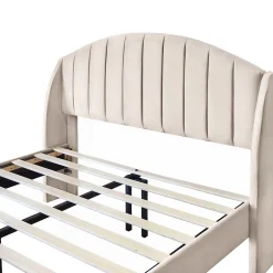 Redom Lit 140x200 cm tapissé velours beige avec tête de lit rembourrée et sommier à lattes en bois, style intemporel Clearance
