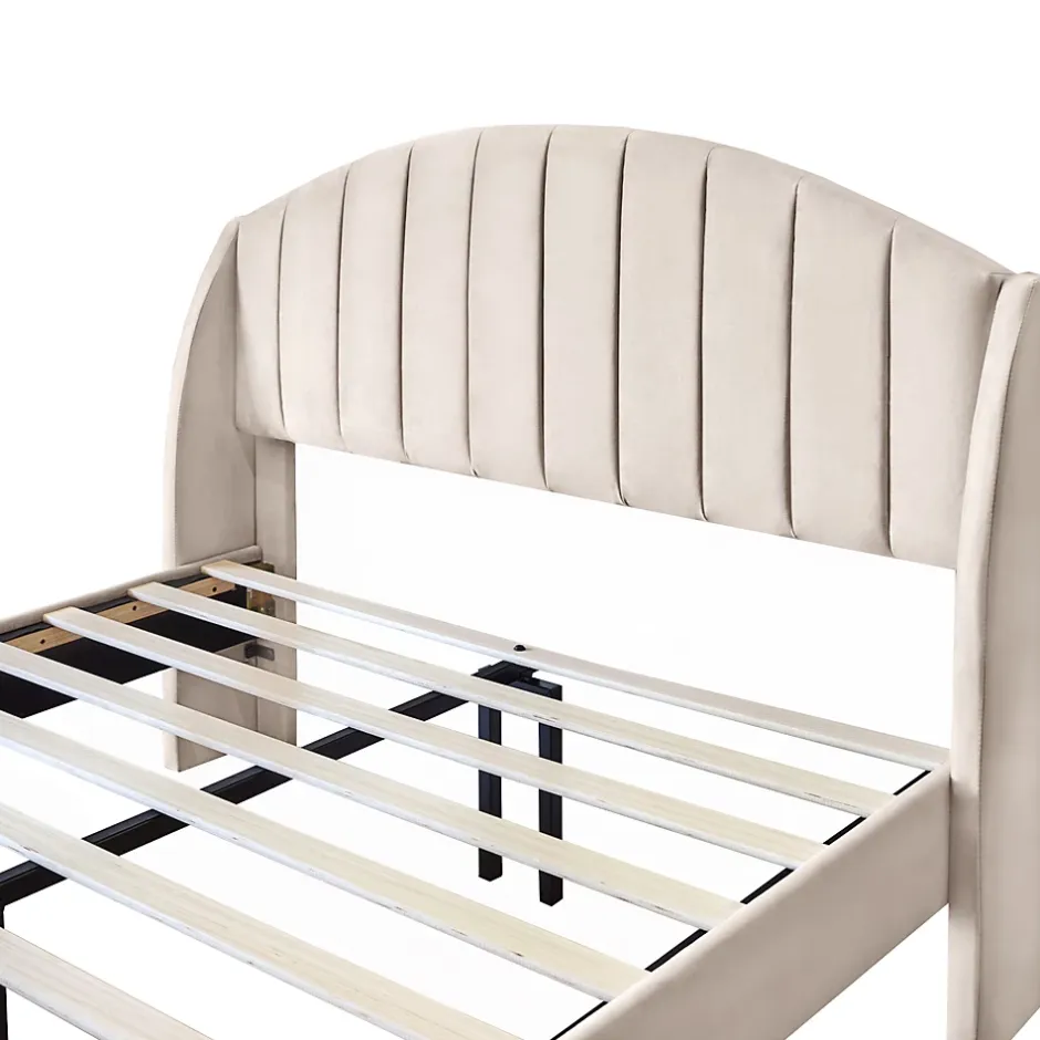 Redom Lit 140x200 cm tapissé velours beige avec tête de lit rembourrée et sommier à lattes en bois, style intemporel Clearance