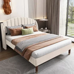 Redom Lit 140x200 cm tapissé velours beige avec tête de lit rembourrée et sommier à lattes en bois, style intemporel Clearance