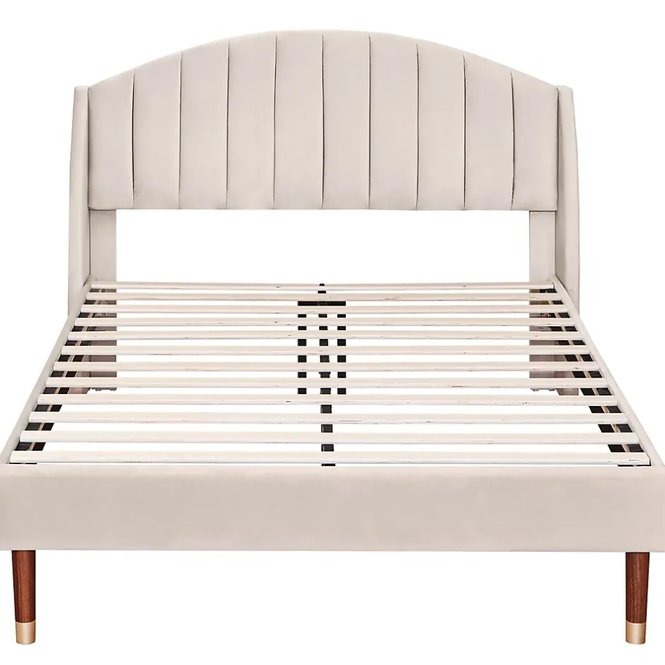 Redom Lit 140x200 cm tapissé velours beige avec tête de lit rembourrée et sommier à lattes en bois, style intemporel Clearance