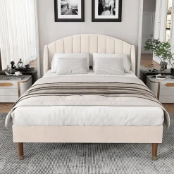 Redom Lit 140x200 cm tapissé velours beige avec tête de lit rembourrée et sommier à lattes en bois, style intemporel Clearance