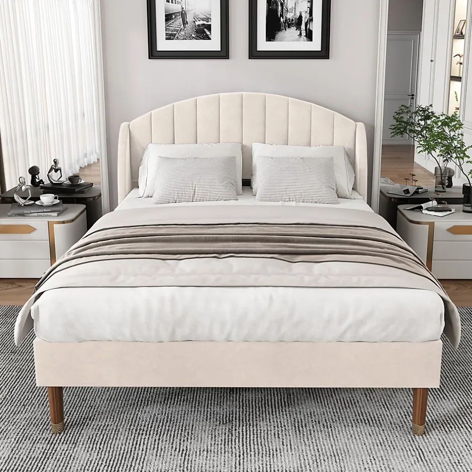 Redom Lit 140x200 cm tapissé velours beige avec tête de lit rembourrée et sommier à lattes en bois, style intemporel Clearance