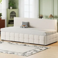 Redom Lit 90x200 cm tapissé velours beige avec rangement hydraulique, dossier sans accoudoirs, motif carreaux discret