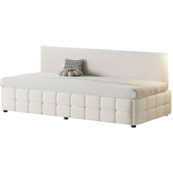 Redom Lit 90x200 cm tapissé velours beige avec rangement hydraulique, dossier sans accoudoirs, motif carreaux discret