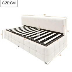 Redom Lit 90x200 cm tapissé velours beige avec rangement hydraulique, dossier sans accoudoirs, motif carreaux discret