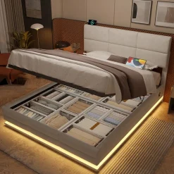Redom Lit 140x200 cm tapissé velours beige avec coffre XXL, tête de lit 3 positions et éclairage LED