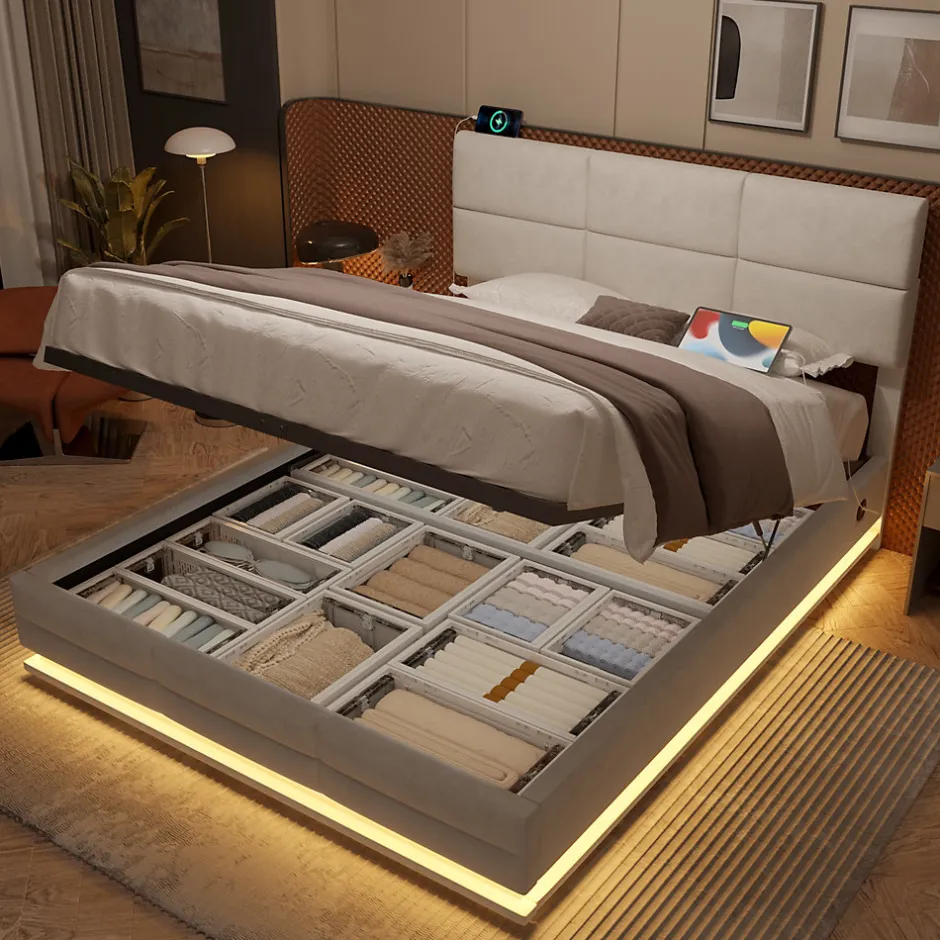 Redom Lit 140x200 cm tapissé velours beige avec coffre XXL, tête de lit 3 positions et éclairage LED