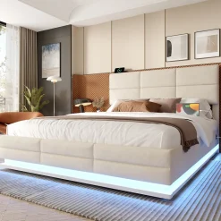 Redom Lit 140x200 cm tapissé velours beige avec coffre XXL, tête de lit 3 positions et éclairage LED