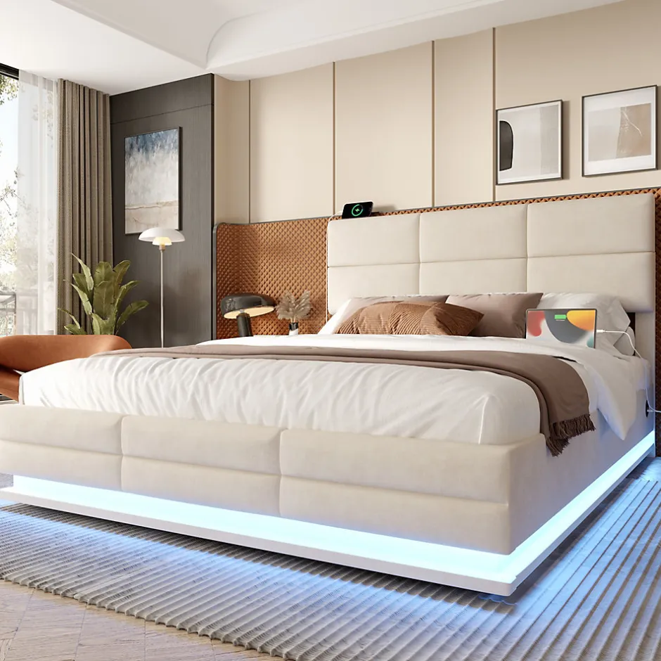 Redom Lit 140x200 cm tapissé velours beige avec coffre XXL, tête de lit 3 positions et éclairage LED