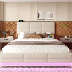 Redom Lit 140x200 cm tapissé velours beige avec coffre XXL, tête de lit 3 positions et éclairage LED