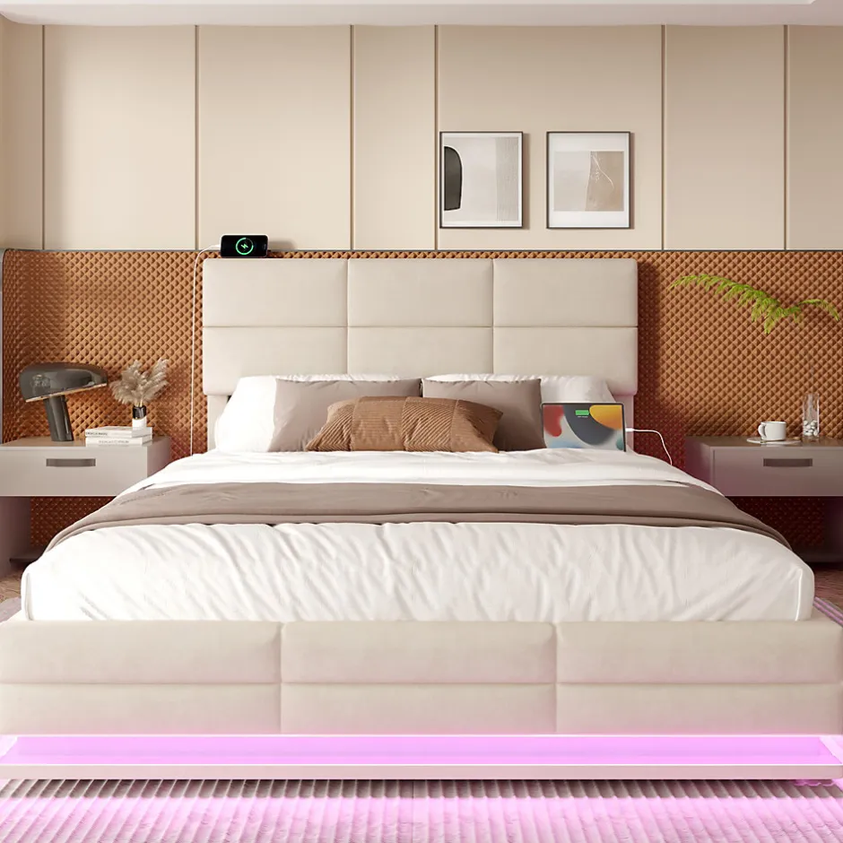 Redom Lit 140x200 cm tapissé velours beige avec coffre XXL, tête de lit 3 positions et éclairage LED