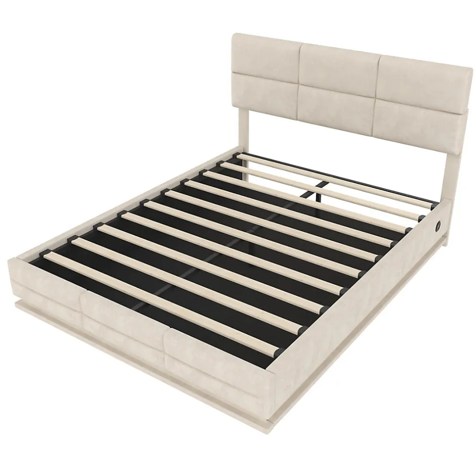 Redom Lit 140x200 cm tapissé velours beige avec coffre XXL, tête de lit 3 positions et éclairage LED