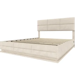 Redom Lit 140x200 cm tapissé velours beige avec coffre XXL, tête de lit 3 positions et éclairage LED