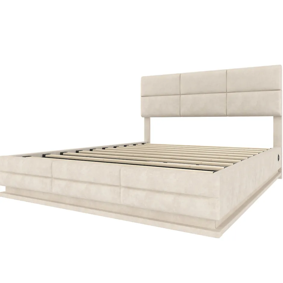Redom Lit 140x200 cm tapissé velours beige avec coffre XXL, tête de lit 3 positions et éclairage LED