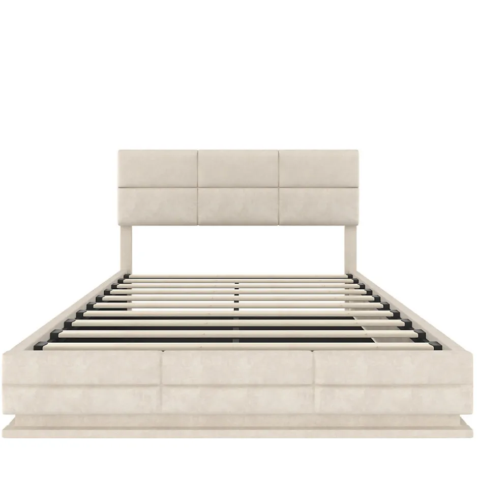 Redom Lit 140x200 cm tapissé velours beige avec coffre XXL, tête de lit 3 positions et éclairage LED