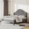 Redom Lit 140x200 cm tapissé velours gris avec tête rembourrée et lattes en bois, design élégant