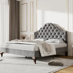 Redom Lit 140x200 cm tapissé velours gris avec tête rembourrée et lattes en bois, design élégant