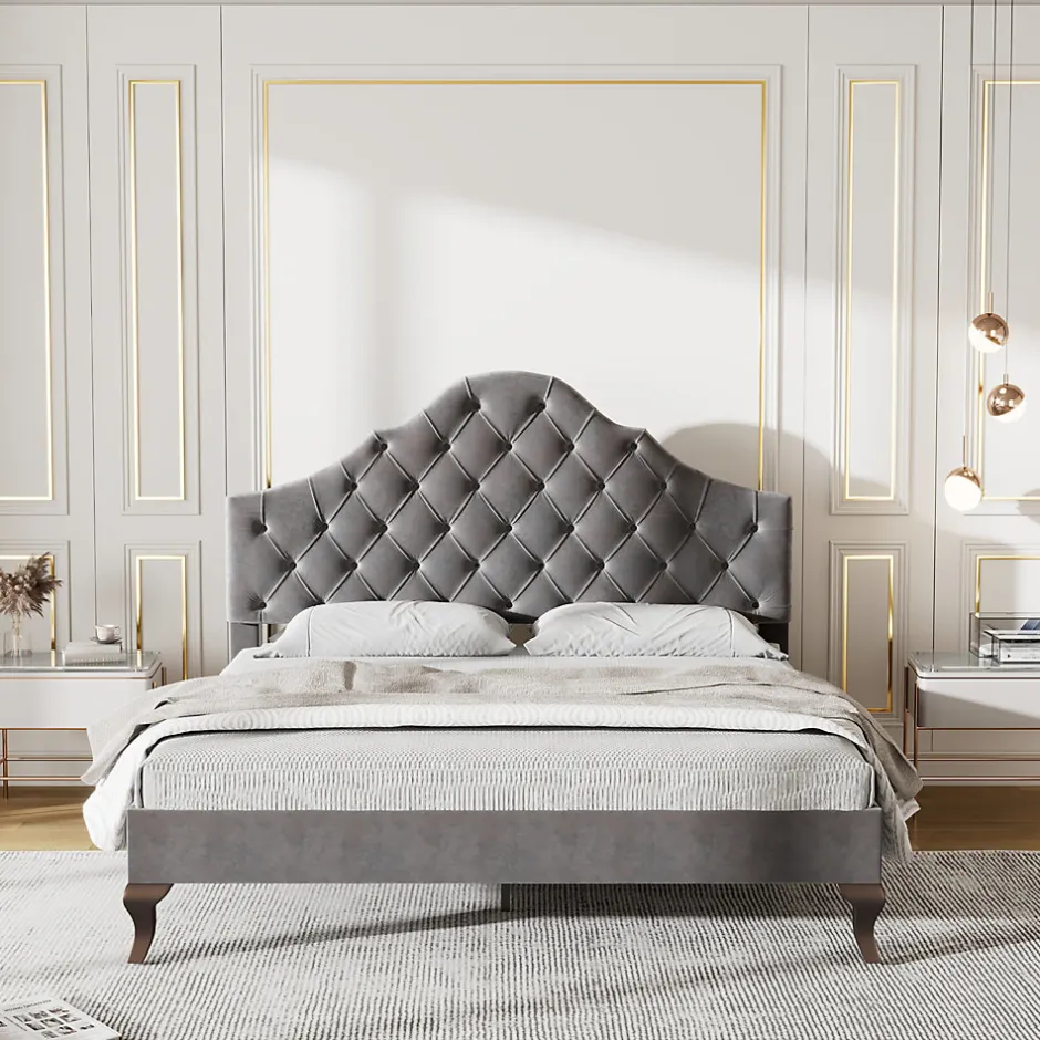 Redom Lit 140x200 cm tapissé velours gris avec tête rembourrée et lattes en bois, design élégant