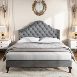 Redom Lit 140x200 cm tapissé velours gris avec tête rembourrée et lattes en bois, design élégant
