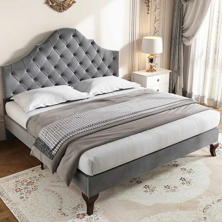 Redom Lit 140x200 cm tapissé velours gris avec tête rembourrée et lattes en bois, design élégant