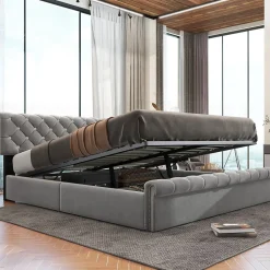 Redom Lit 180x200 cm tapissé velours gris avec tête de lit réglable, sommier à lattes et grand coffre de rangement Outlet