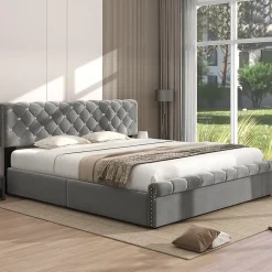 Redom Lit 180x200 cm tapissé velours gris avec tête de lit réglable, sommier à lattes et grand coffre de rangement Outlet