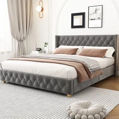 Redom Lit 160x200 cm tapissé velours gris avec tête capitonnée, ornements clous et pieds en bois robustes Outlet