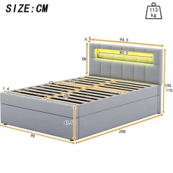 Redom Lit 90x200 cm tapissé velours gris avec éclairage d'ambiance LED, coffre de rangement et tête de lit réglable Discount