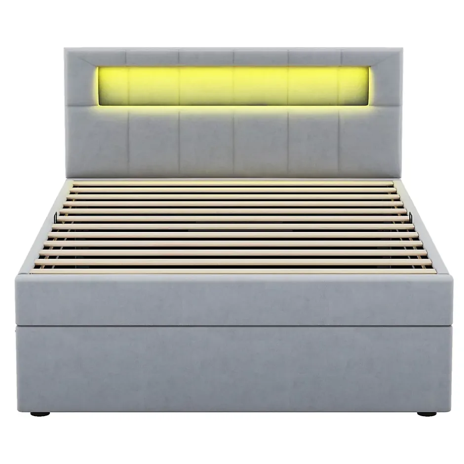 Redom Lit 90x200 cm tapissé velours gris avec éclairage d'ambiance LED, coffre de rangement et tête de lit réglable Discount
