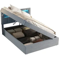 Redom Lit 90x200 cm tapissé velours gris avec éclairage d'ambiance LED, coffre de rangement et tête de lit réglable Discount