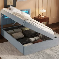 Redom Lit 90x200 cm tapissé velours gris avec éclairage d'ambiance LED, coffre de rangement et tête de lit réglable Discount