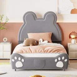 Redom Lit 90x200 cm tapissé velours gris en forme d'ours, design ludique et confortable pour chambre d'enfant Hot