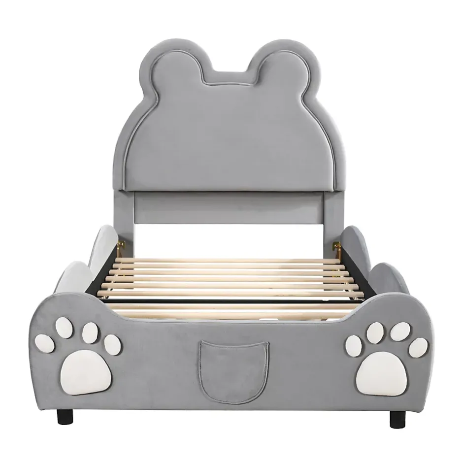 Redom Lit 90x200 cm tapissé velours gris en forme d'ours, design ludique et confortable pour chambre d'enfant Hot