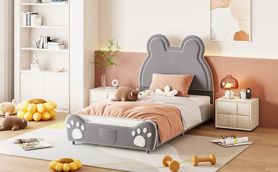 Redom Lit 90x200 cm tapissé velours gris en forme d'ours, design ludique et confortable pour chambre d'enfant Hot