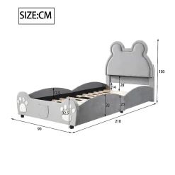 Redom Lit 90x200 cm tapissé velours gris en forme d'ours, design ludique et confortable pour chambre d'enfant Hot