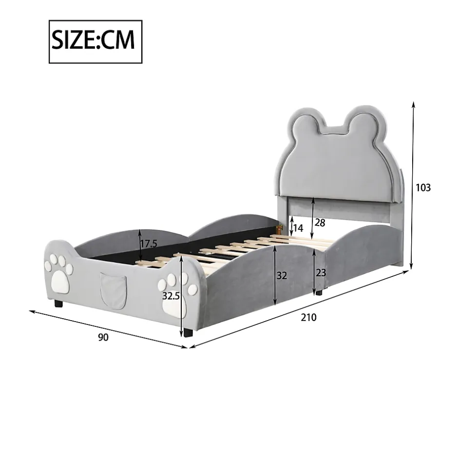 Redom Lit 90x200 cm tapissé velours gris en forme d'ours, design ludique et confortable pour chambre d'enfant Hot