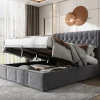 Redom Lit 140x190 cm tapissé velours gris avec coffre de rangement et tête de lit 103 cm cloutée Clearance