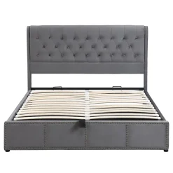 Redom Lit 140x190 cm tapissé velours gris avec coffre de rangement et tête de lit 103 cm cloutée Clearance