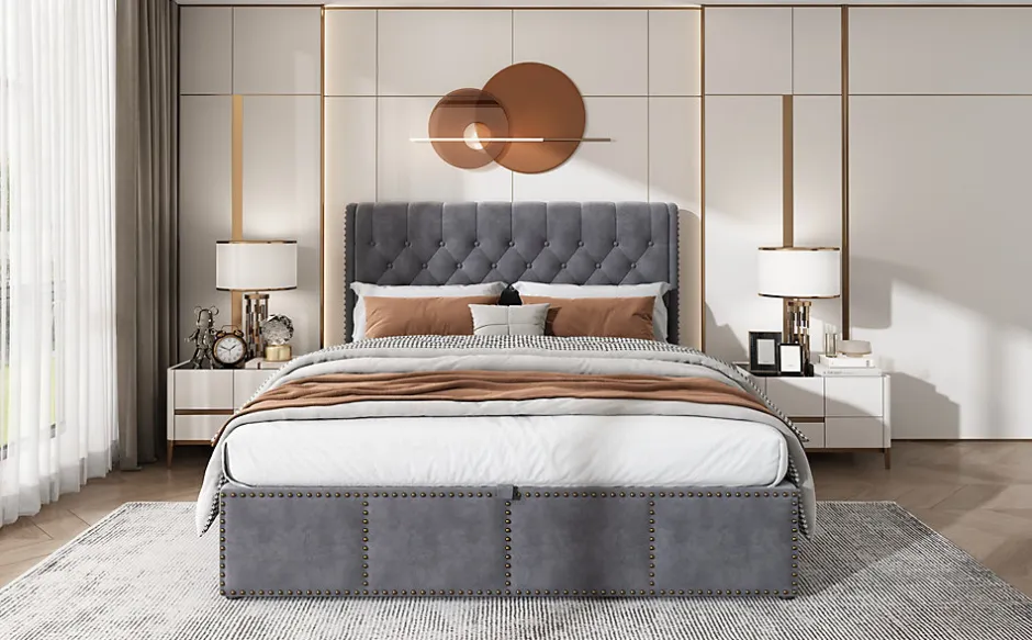 Redom Lit 140x190 cm tapissé velours gris avec coffre de rangement et tête de lit 103 cm cloutée Clearance