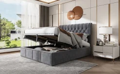 Redom Lit 140x190 cm tapissé velours gris avec coffre de rangement et tête de lit 103 cm cloutée Clearance