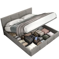 Redom Lit 180x200 cm tapissé velours gris avec coffre hydraulique et tête réglable, style européen élégant