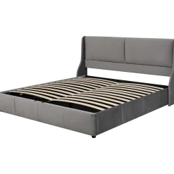 Redom Lit 180x200 cm tapissé velours gris avec tête de lit rembourrée et coffre de rangement, levage hydraulique