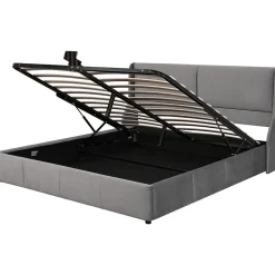 Redom Lit 180x200 cm tapissé velours gris avec tête de lit rembourrée et coffre de rangement, levage hydraulique