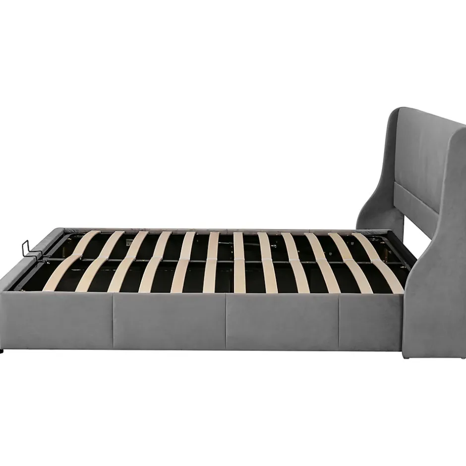Redom Lit 180x200 cm tapissé velours gris avec tête de lit rembourrée et coffre de rangement, levage hydraulique