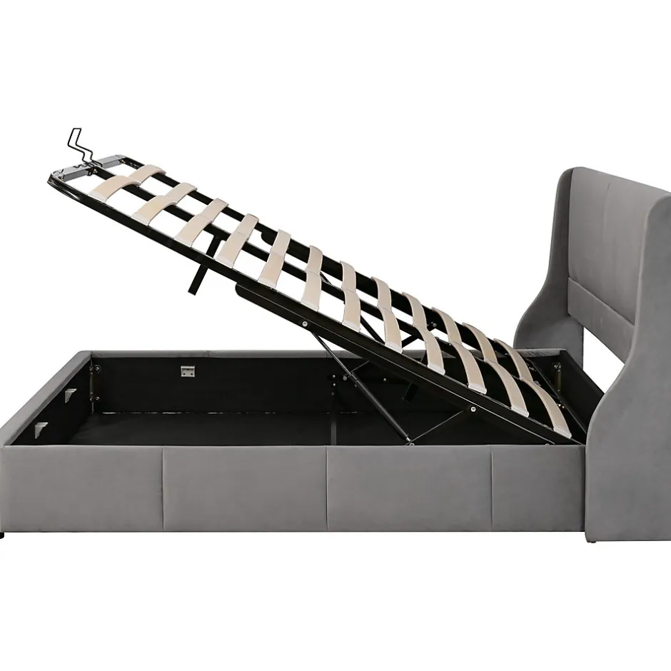Redom Lit 180x200 cm tapissé velours gris avec tête de lit rembourrée et coffre de rangement, levage hydraulique