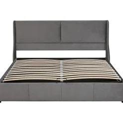Redom Lit 180x200 cm tapissé velours gris avec tête de lit rembourrée et coffre de rangement, levage hydraulique