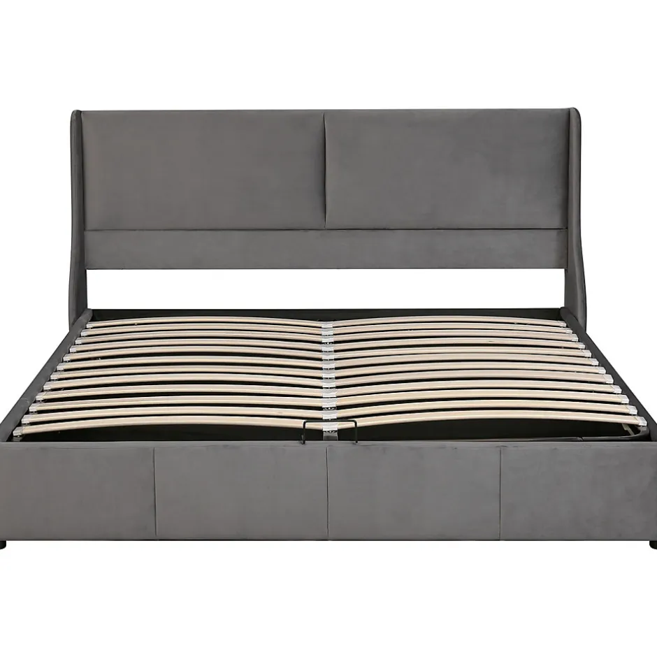 Redom Lit 180x200 cm tapissé velours gris avec tête de lit rembourrée et coffre de rangement, levage hydraulique