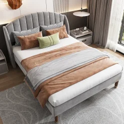 Redom Lit 160x200 cm tapissé velours gris avec tête de lit rembourrée et sommier à lattes robuste, design moderne Online