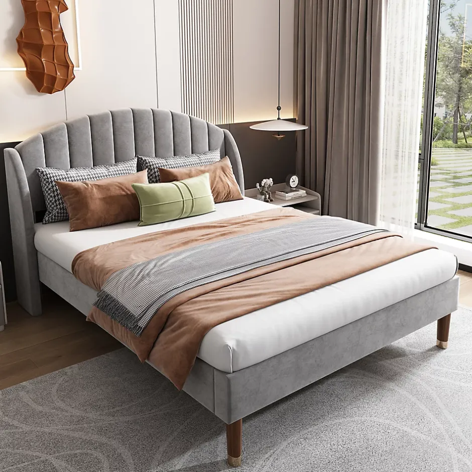 Redom Lit 160x200 cm tapissé velours gris avec tête de lit rembourrée et sommier à lattes robuste, design moderne Online
